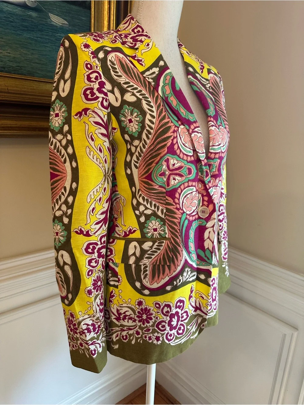 ZARA SET Bright Yellow Army Green Pink Linen Cotton Blend Blazer & Cropped Pants